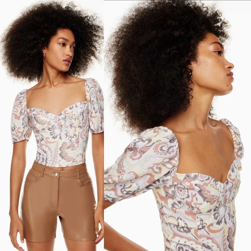 Aritzia Wilfred Novella Shortsleeve Bustier Blouse Smocked Back Princes Seams M